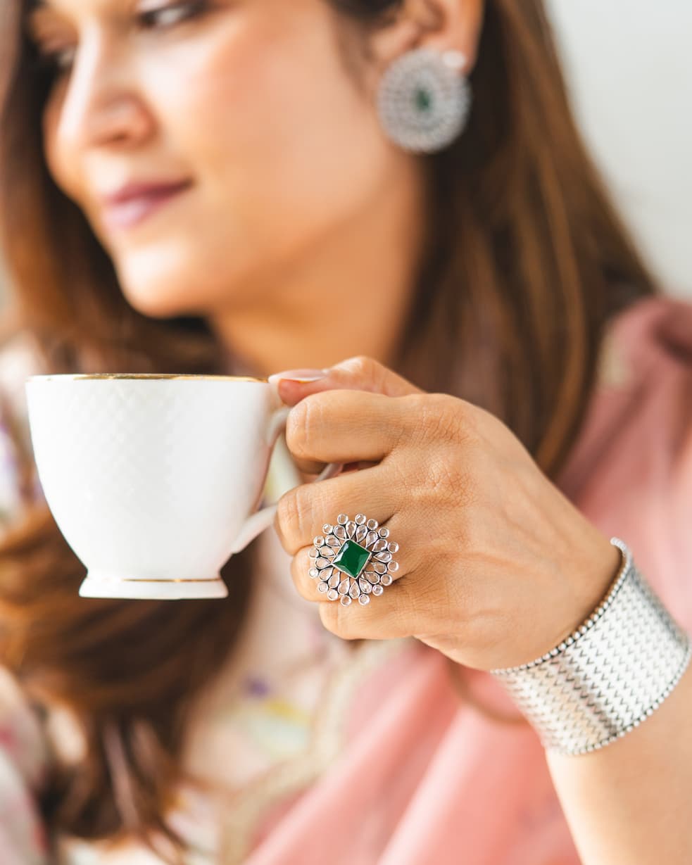 Silver Green Enigma Ring